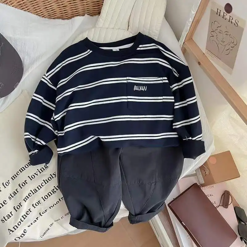 Boys and Girls Cotton T shirt Spring and Autumn Simple Stripe Embroidery T shirt children t shirt
