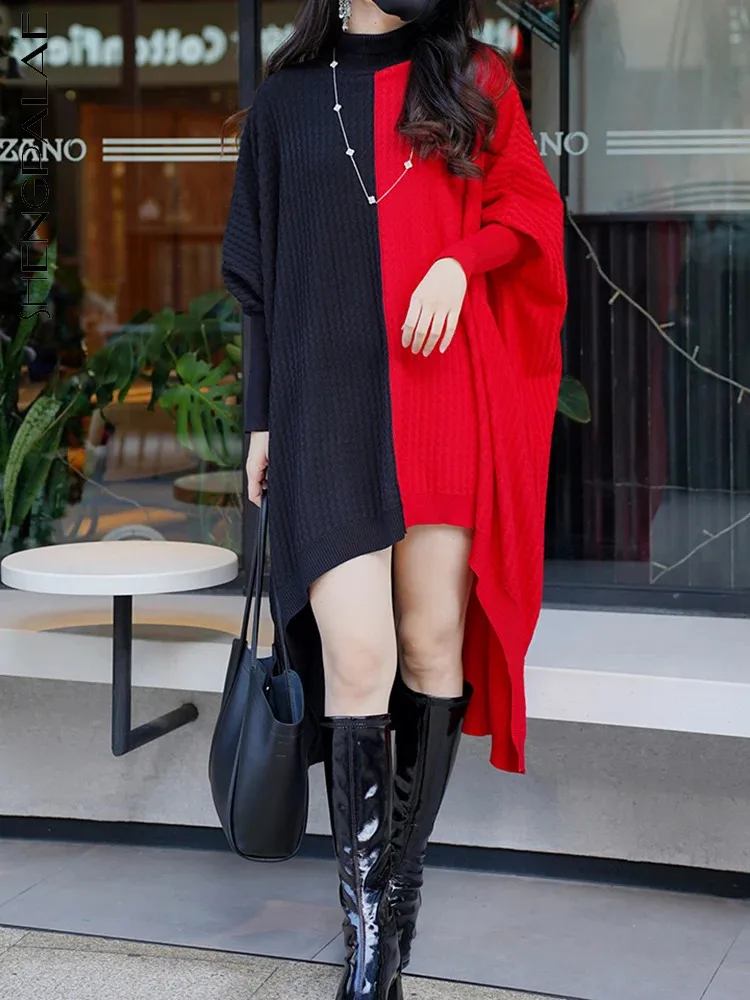 

Женское асимметричное трикотажное платье SHENGPALAE, свитер с рукавами «летучая мышь» контрастных цветов, весна 2024, новинка 5R9014