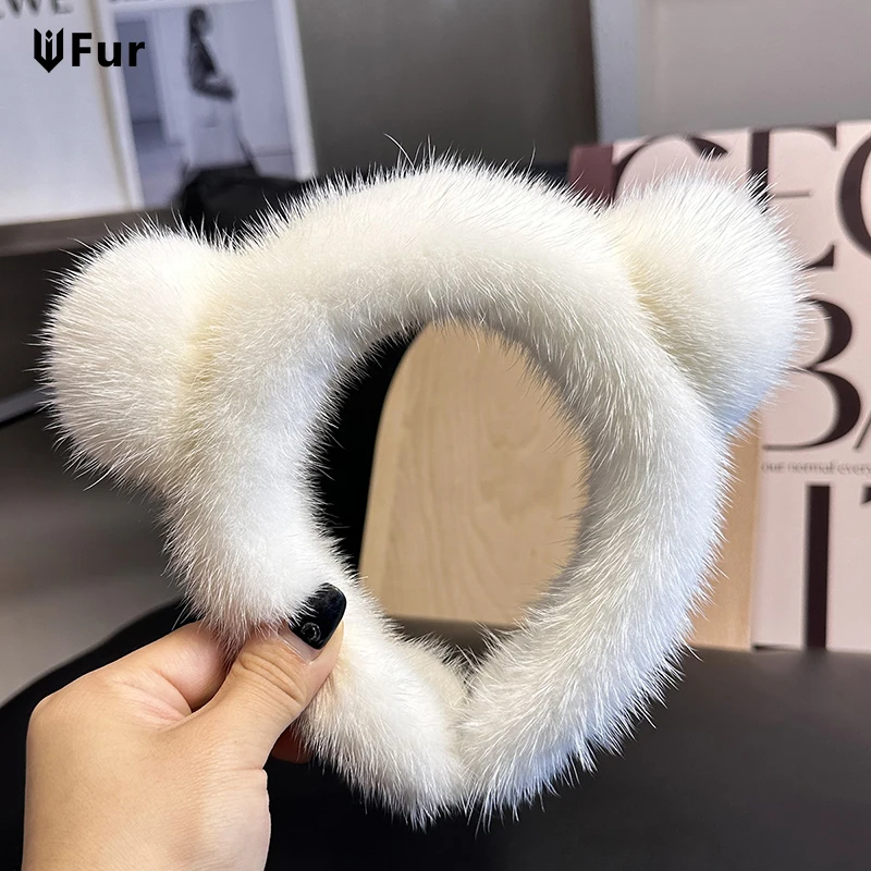 Cute Real Mink Fur Cat Ears Headband For Women 100%Fur Plush Hair Accessories Solid Head Wraps Luxury Girlfriend Gift Winter mink fleece soft winter half finger gloves women warm luxury solid white plush knitted fingerless glove wrist mittens writting