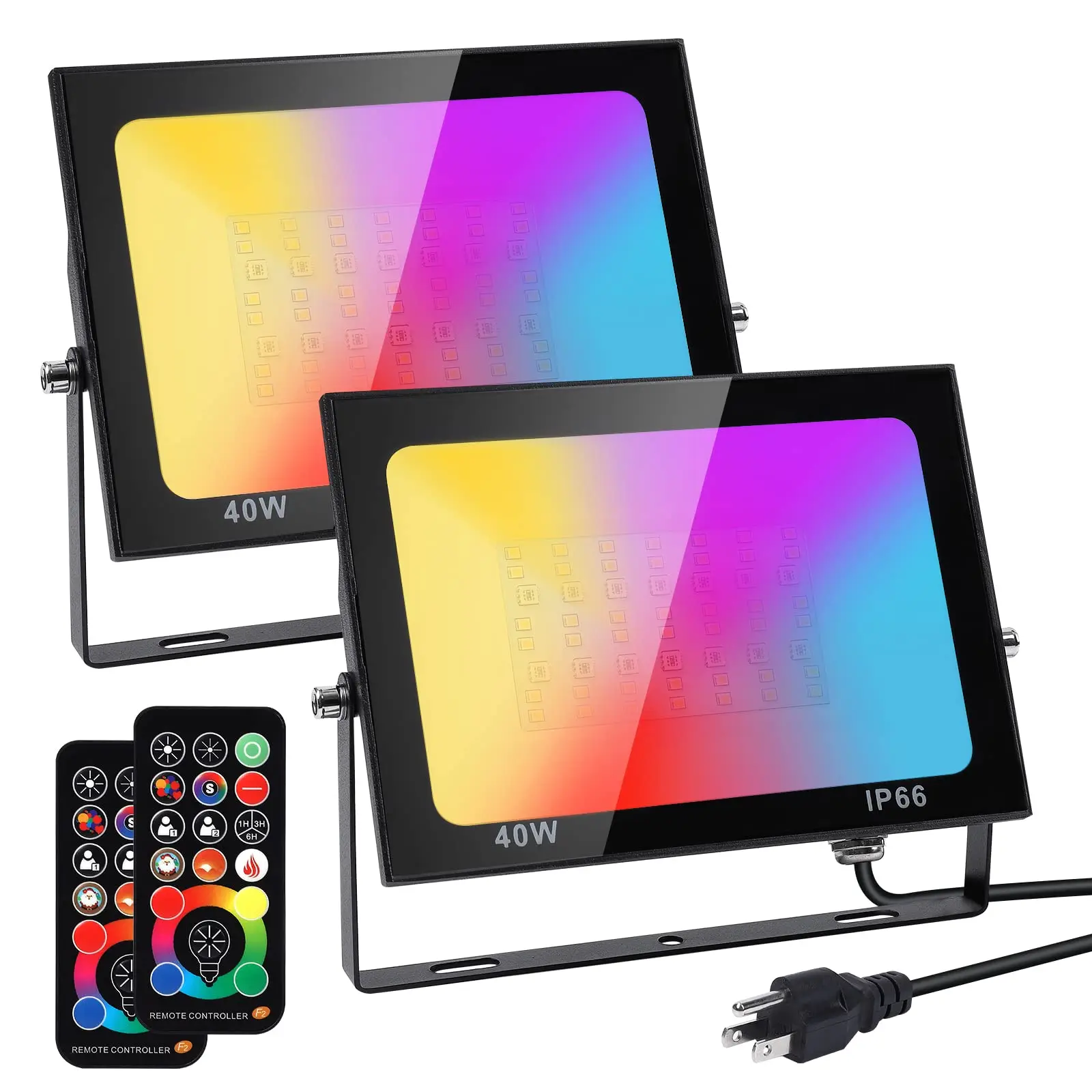 2Pcs LED Flood Light Outdoor, 400W Equivalent RGB Floodlight with Remote, 4000 Lumens 3000K 256 Colors Uplight with Mode