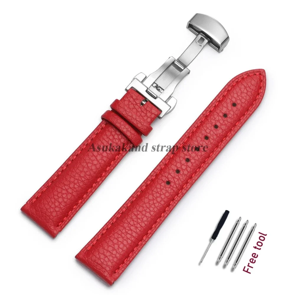 Premium Calfskin Litchi Leather Watch Strap with Butterfly Buckle