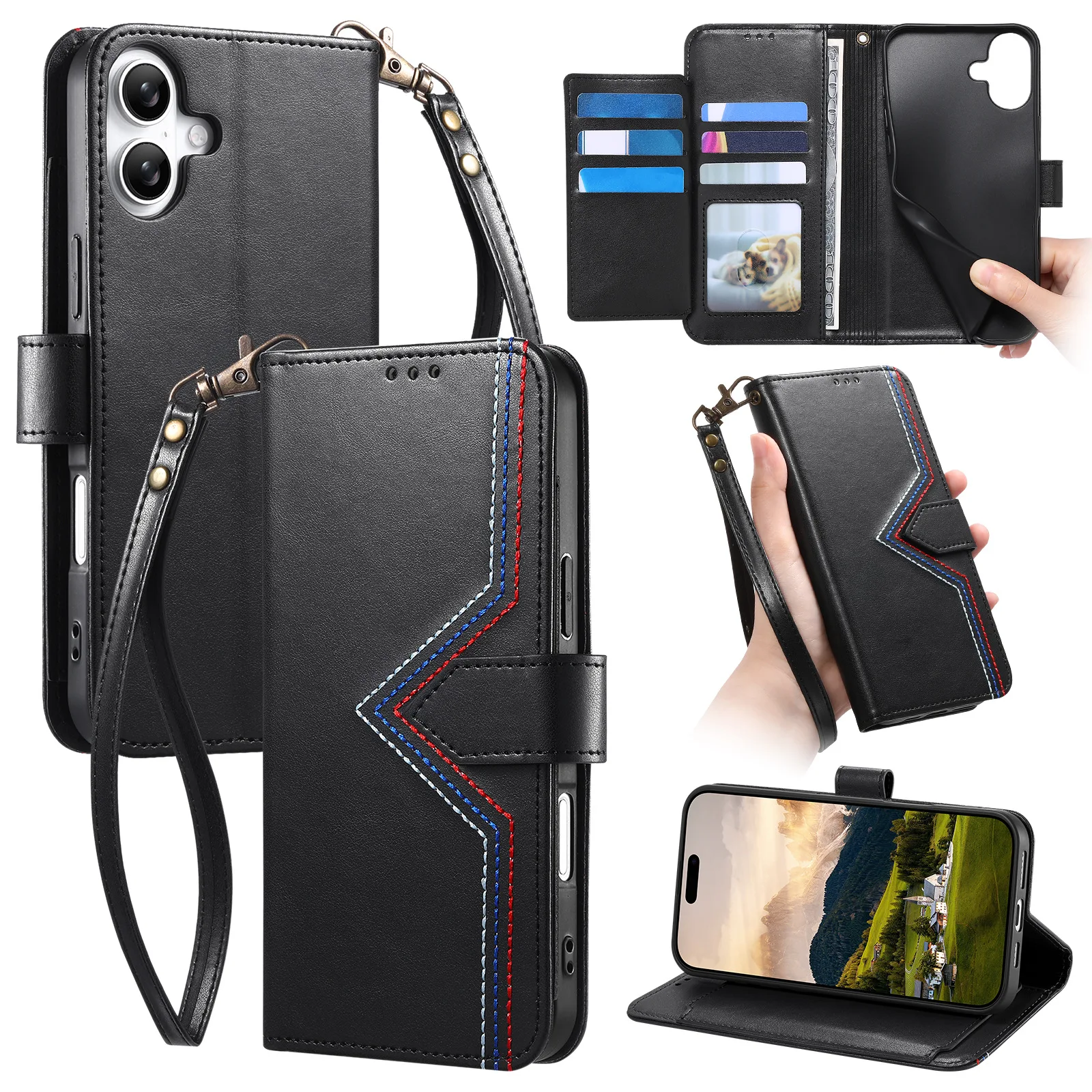 Elegant Leather Flip Wallet Case with Lanyard for Smartphones - Card Holder & Shockproof Design