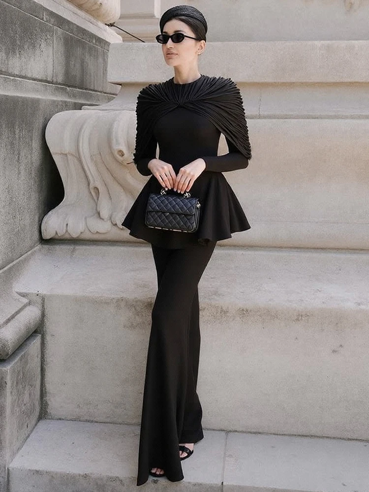 Nibber Elegant 2-Piece Set Women Folds Zipper Full Sleeve o-Neck Puffy Hem Tops+Simple Long Skirts Solid Fashion Banquet Suit