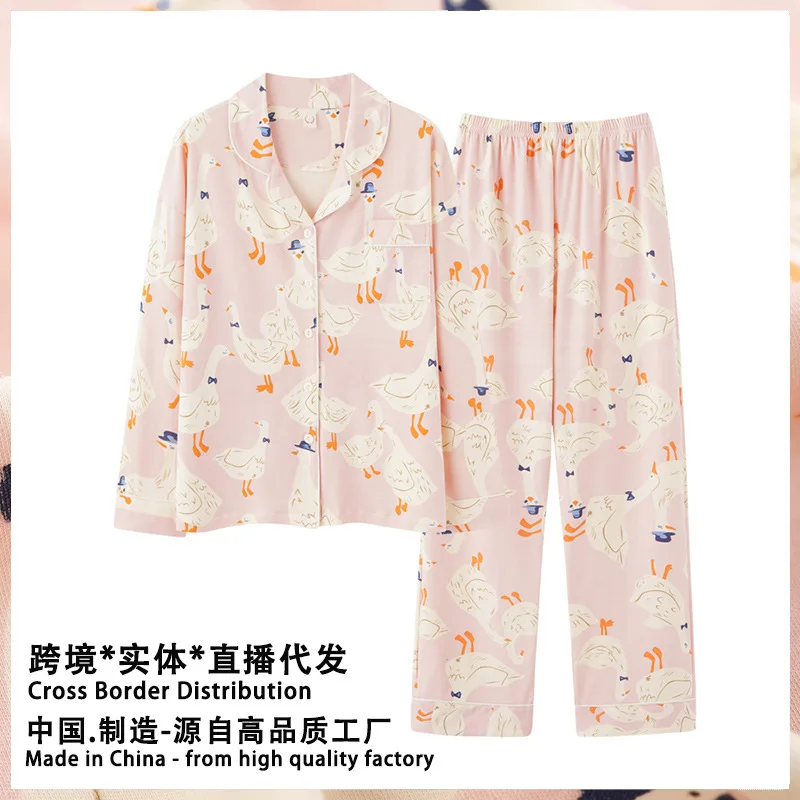 

Large Pajamas Women Spring Autumn Long Sleeved Trousers Cotton Lapel Loose Two Piece Set Sleepwear Bedroom Set Pjs Women