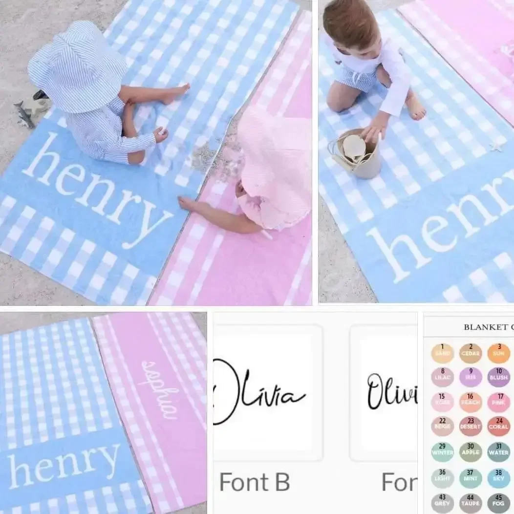 

Colorful Grid Name Towel Font Personalized Beach Towel Bath Towel Multi-Color Pool Name Towel Bath Towel