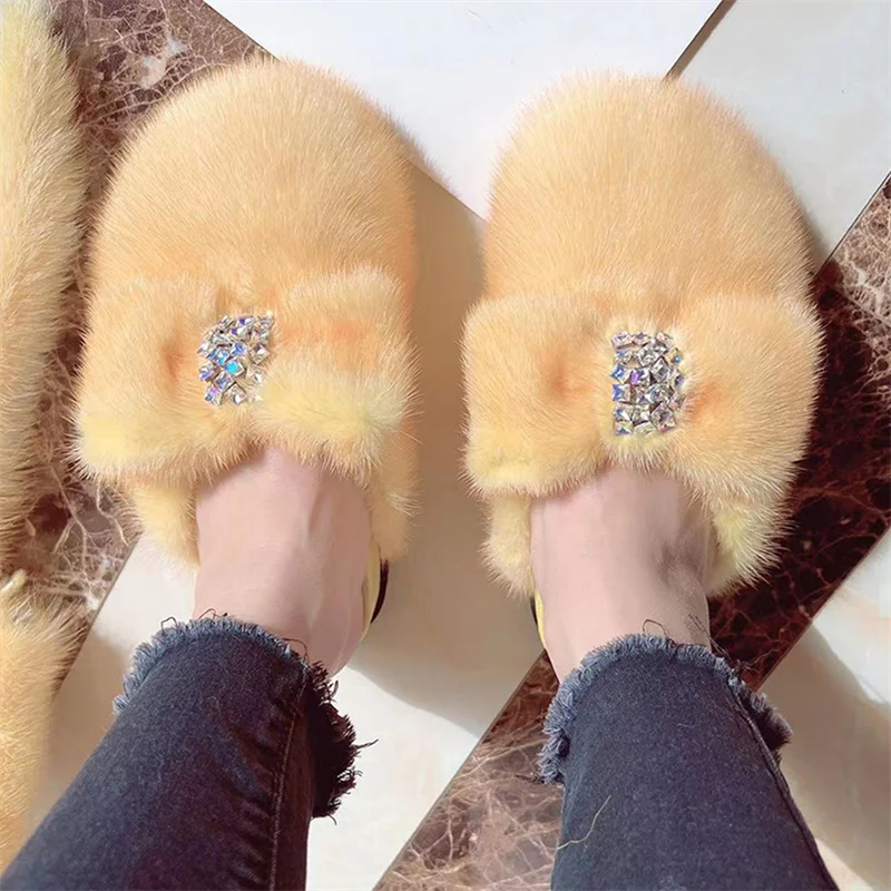 New Style Fur Slippers Women's Winter Warm Shoes Real Mink Fur Slippers  Household Casual Baotou Flat Shoes