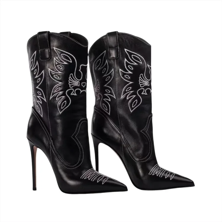 Merendy black stiletto boots – three-quarter pair view