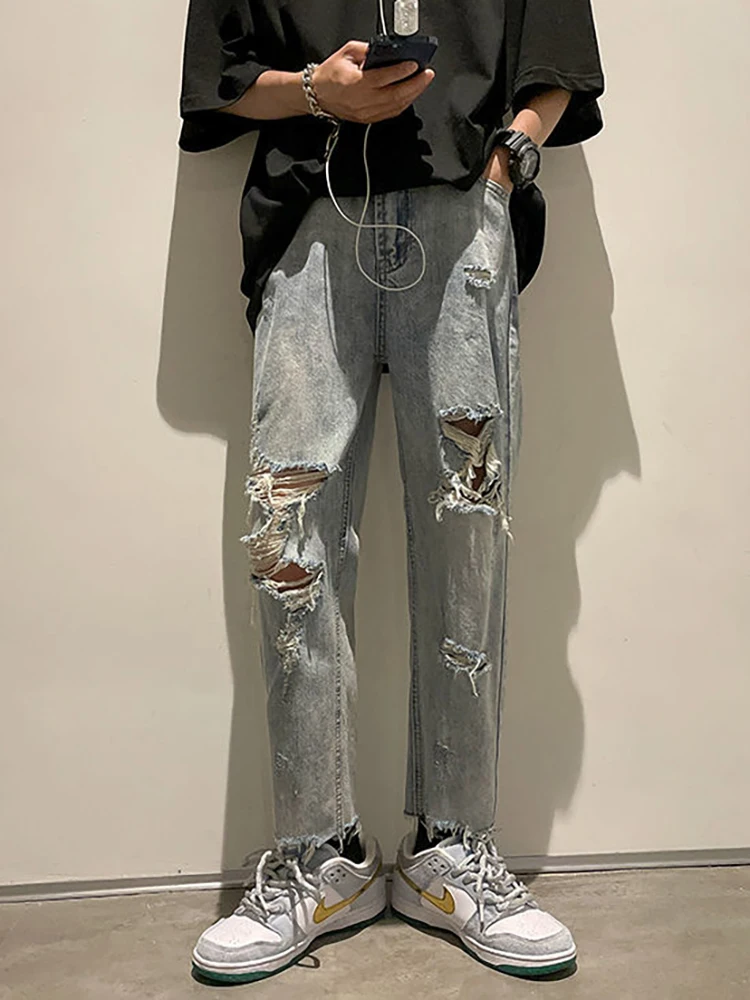 

2023 Summer Pants Men Loose Everything Trend Straight Leg Pants Nine Points Ripped Jeans Men Summer Thin Style Men's Pants