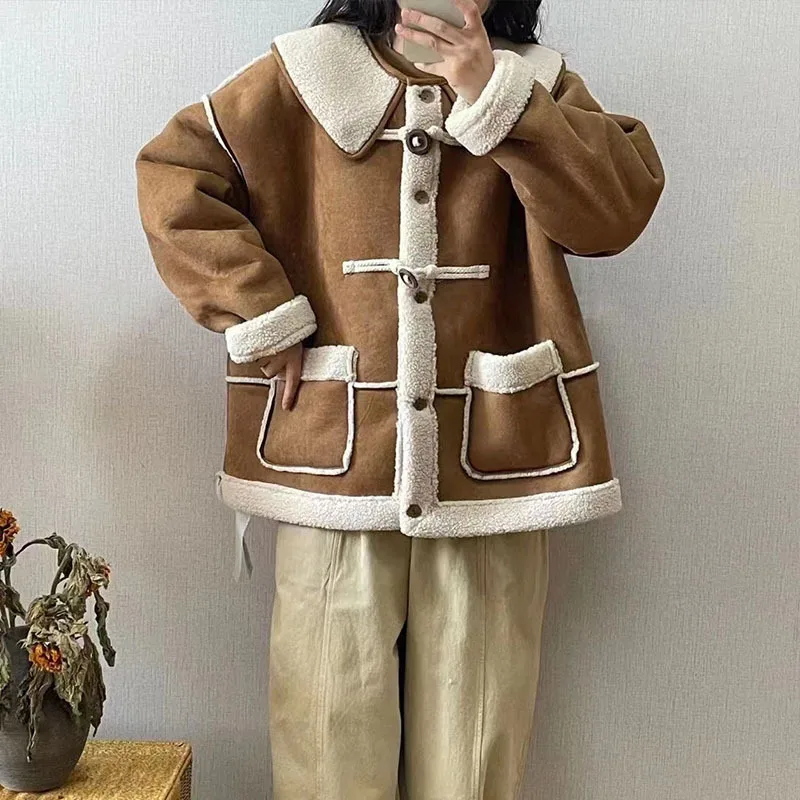 

Japanese Style Lamb Wool Patchwork Coat Women Autumn Winter Single Breasted Pocket Turn-collar Overcoat Preppy Style Outerwear