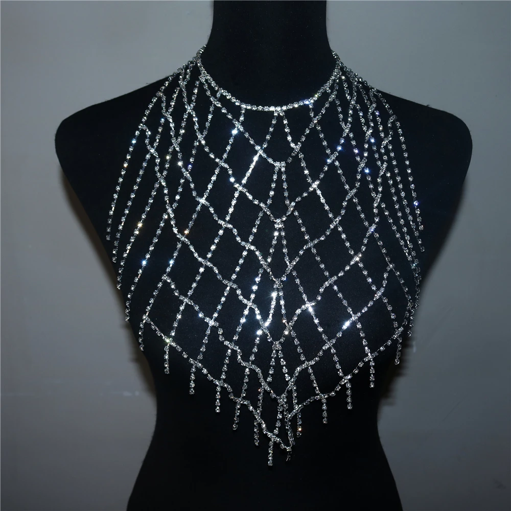 

Simple Fashion Rhinestone Mesh Tassel Chest Chain Ladies Sexy Beach Party Rhinestone Bra Necklace Exquisite Jewelry Accessories