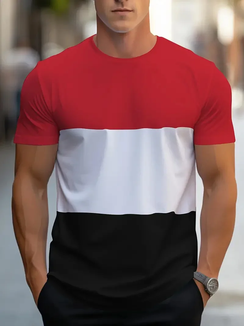 Summer Fashion Tri-color Geometric Pattern 3D Printed Embroidery Men's T-shirt Quick-Dry