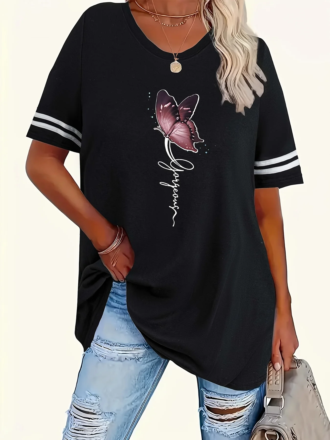 2025 Summer New Plus Size Women Casual Short Sleeve T-shirt Black Round ...