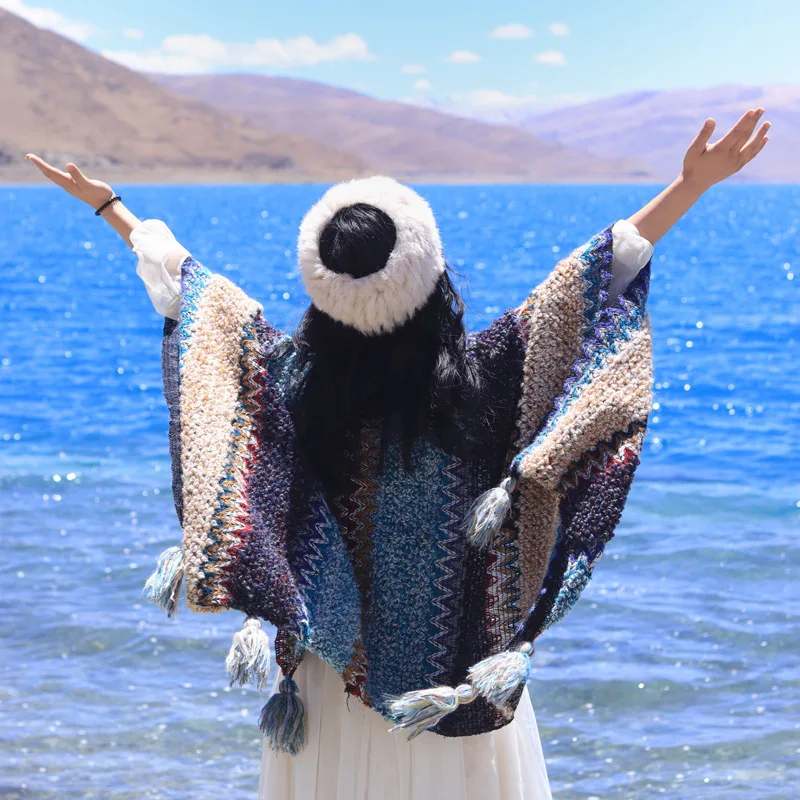 

Large Size Colour Blocking Cape Colourful Ethnic Wind Knit Large Shawl Wonen Thickened Warm Striped Autumn Winter Outer Cloak