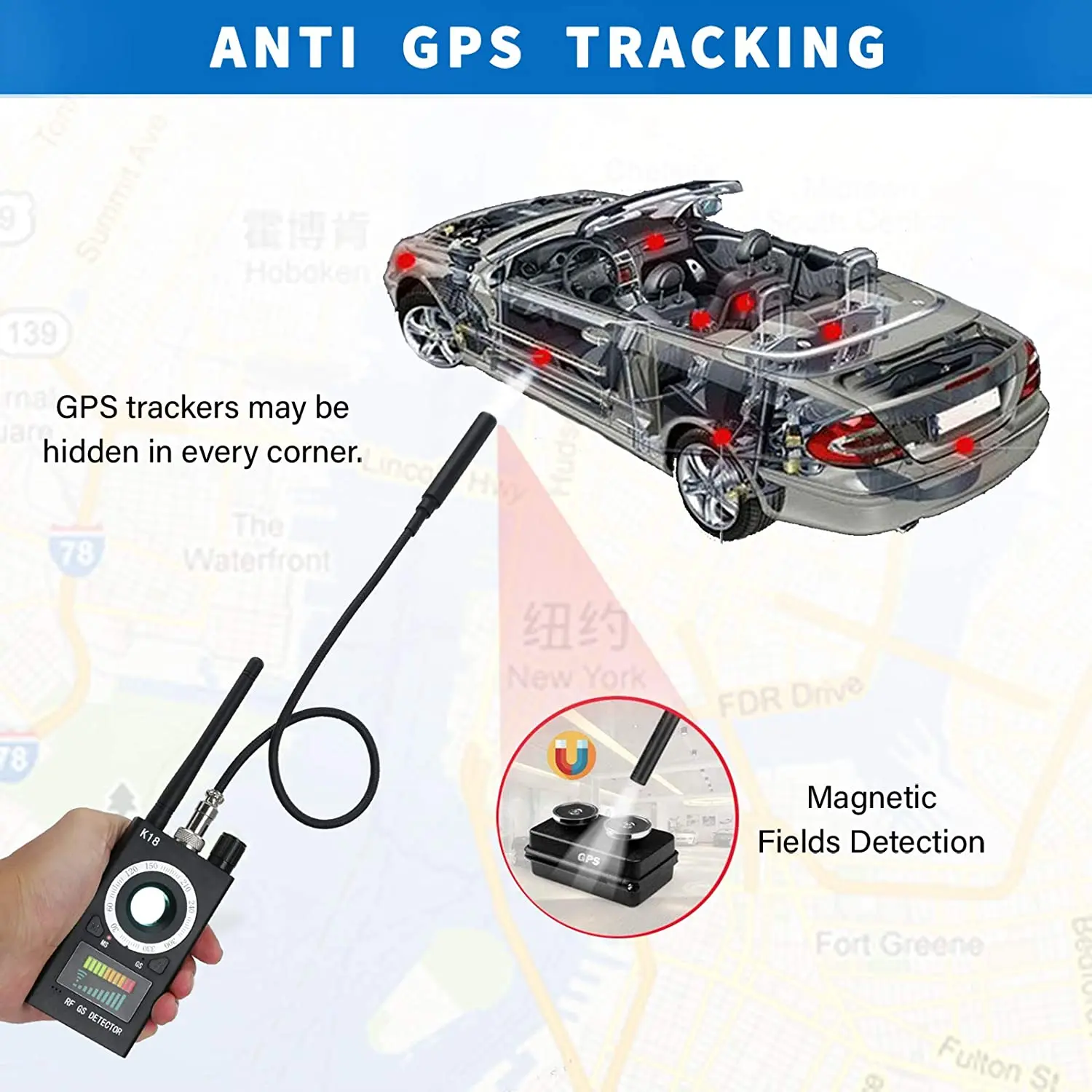 Professional RF Signal detector Anti-spy Detector Camera GPS Signal Lens RF Tracker GSM Audio Bug Finder GPS Scan ing