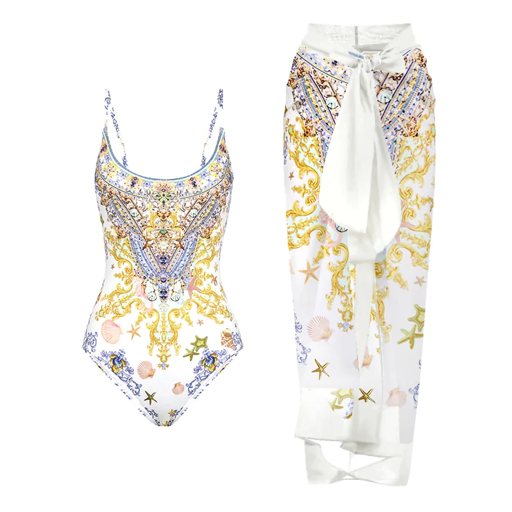 

Colorful Shell Printed One Piece Swimsuit High Waist Slim Halter Bikini 2023 Women's Luxury Beachwear Irregular Strap Cover Up