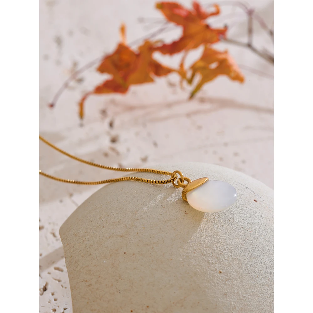 Yhpup Necklace White Natural Stone Stainless Steel Women