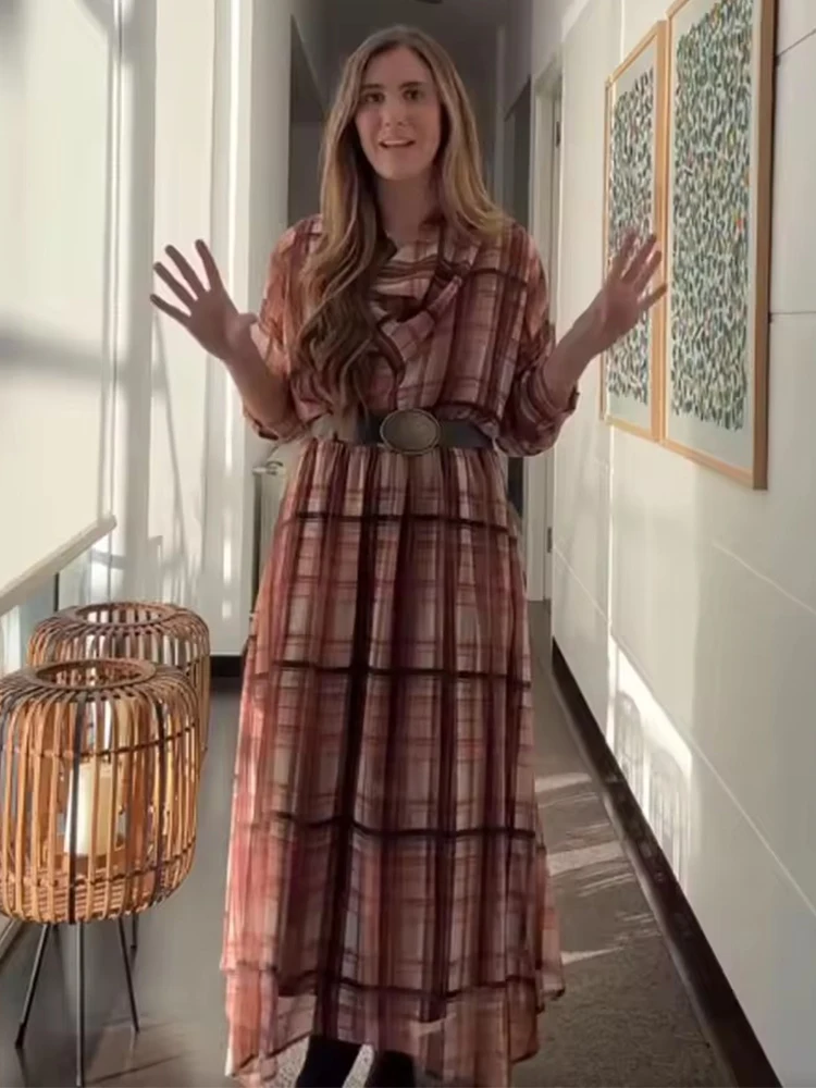 2025 Pleated Long Dresses for Women Fashion Plaid Printed Belt Dress Woman Vintage Party Womens Dresses Autumn Casual Dress ﻿