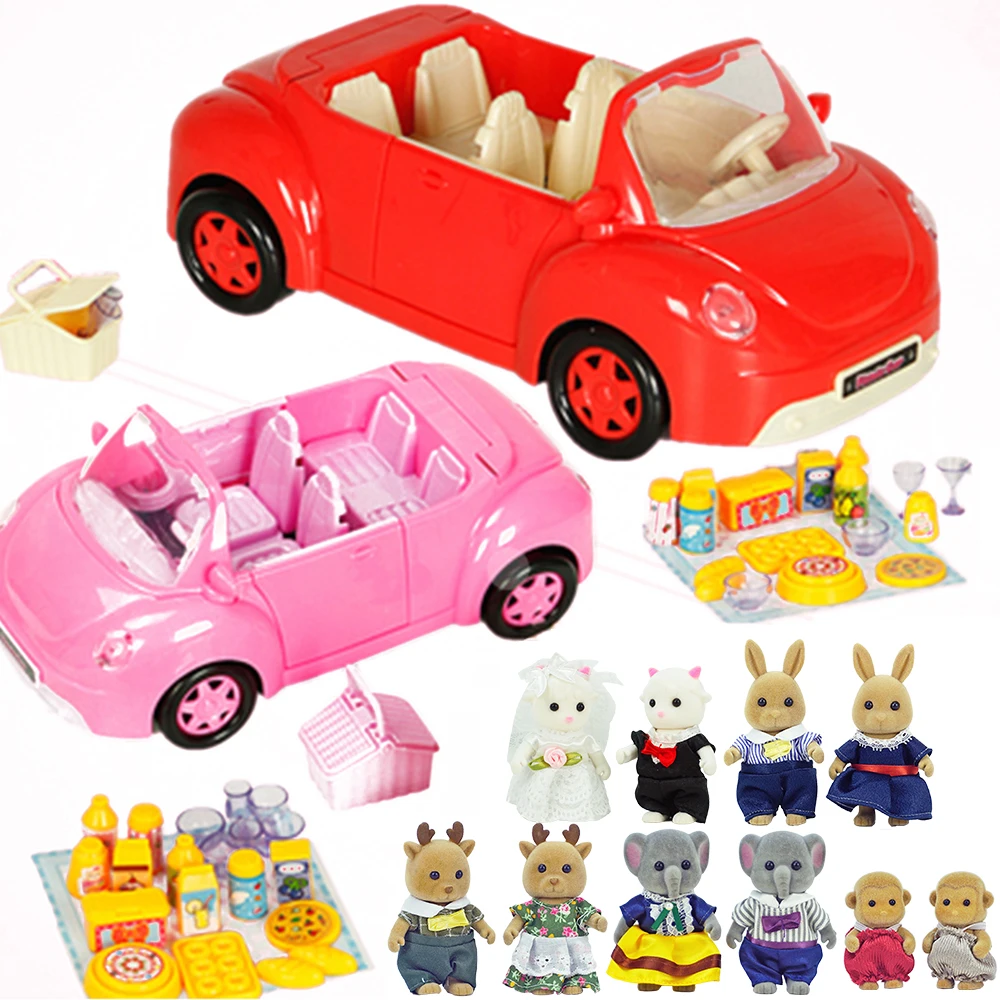 Forest Animal Family 1:12 Dollhouse Red Car Elephant Action Figure Furniture Autobus Pretend Play House Toy Girl Birthday Gift 2