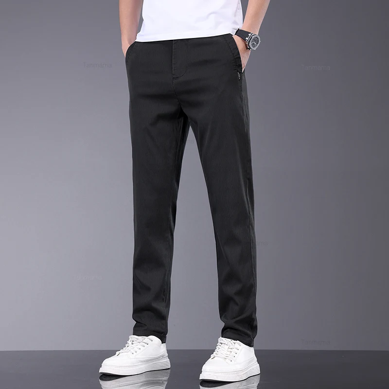 Summer Ultra-thin Men's Lyocell Casual Pants Breathable Soft Ice Silk Elastic Straight Business Trousers Black Gray casual pants