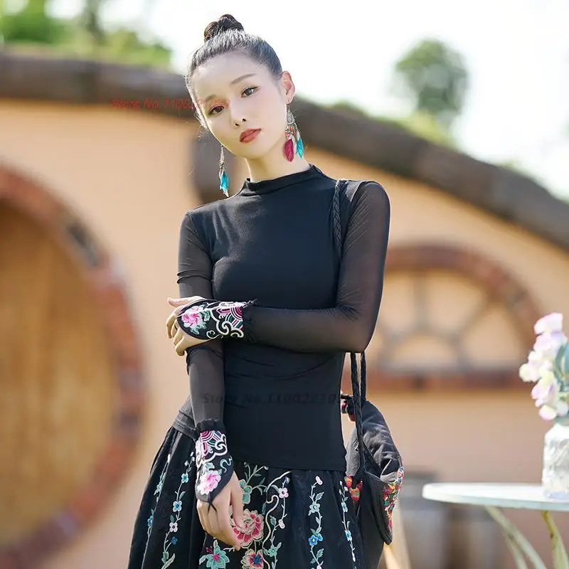 chinese improved mesh shirt national flower embroidery stand collar shirt vintage hanfu tops oriental tang suit base