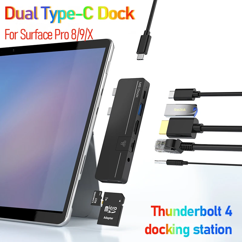 Docking Station Rj45 Sd Tf Doppia Usb-C Hub Hdmi Thunderbolt 4 8K 60Hz Ricarica Dati 40Gbps Per Microsoft Surface Pro 8 9 X