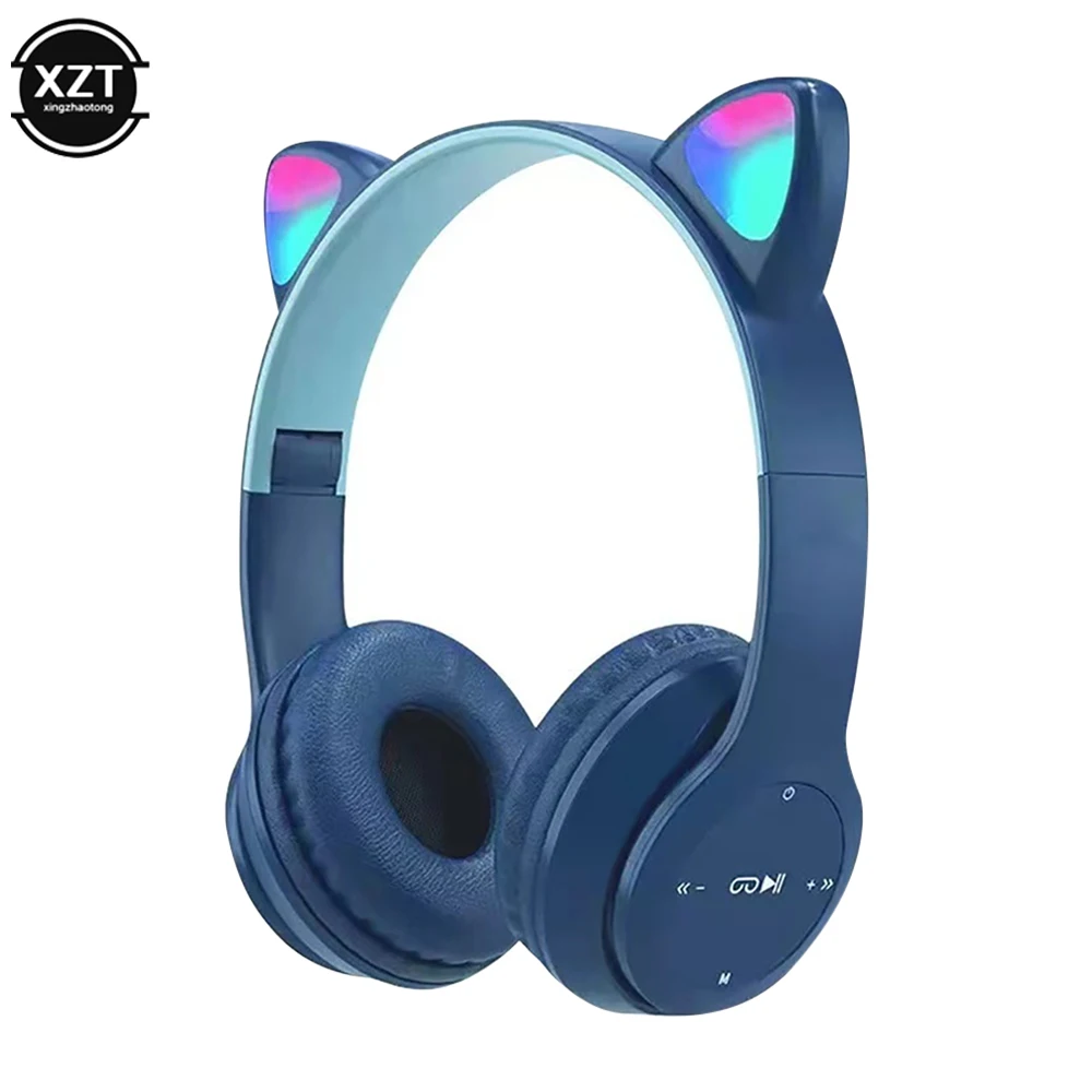 Cute Cat Ear Bluetooth-compatible Headset with LED Wireless Headset Children Girls Gift Stereo Music Sports Headset with Mic