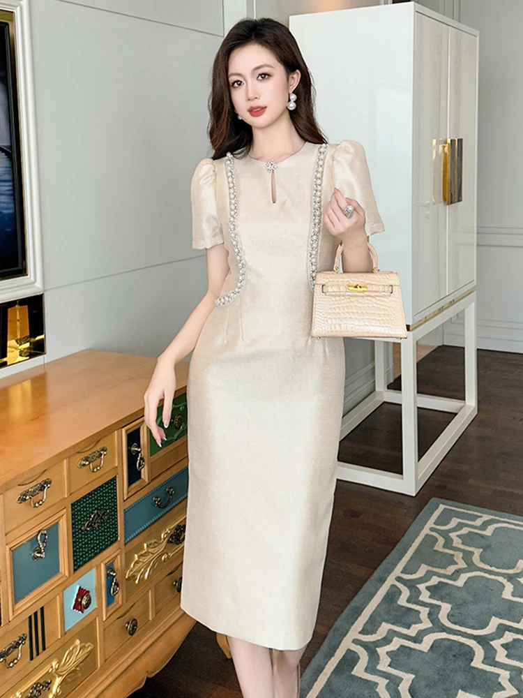 New Summer Elegant Luxury Formal Evening Dress Women Clothes Casual Retro  Pearl O-Neck Puff Sleeve Slim Midi Party Prom Vestidos - AliExpress  200000345