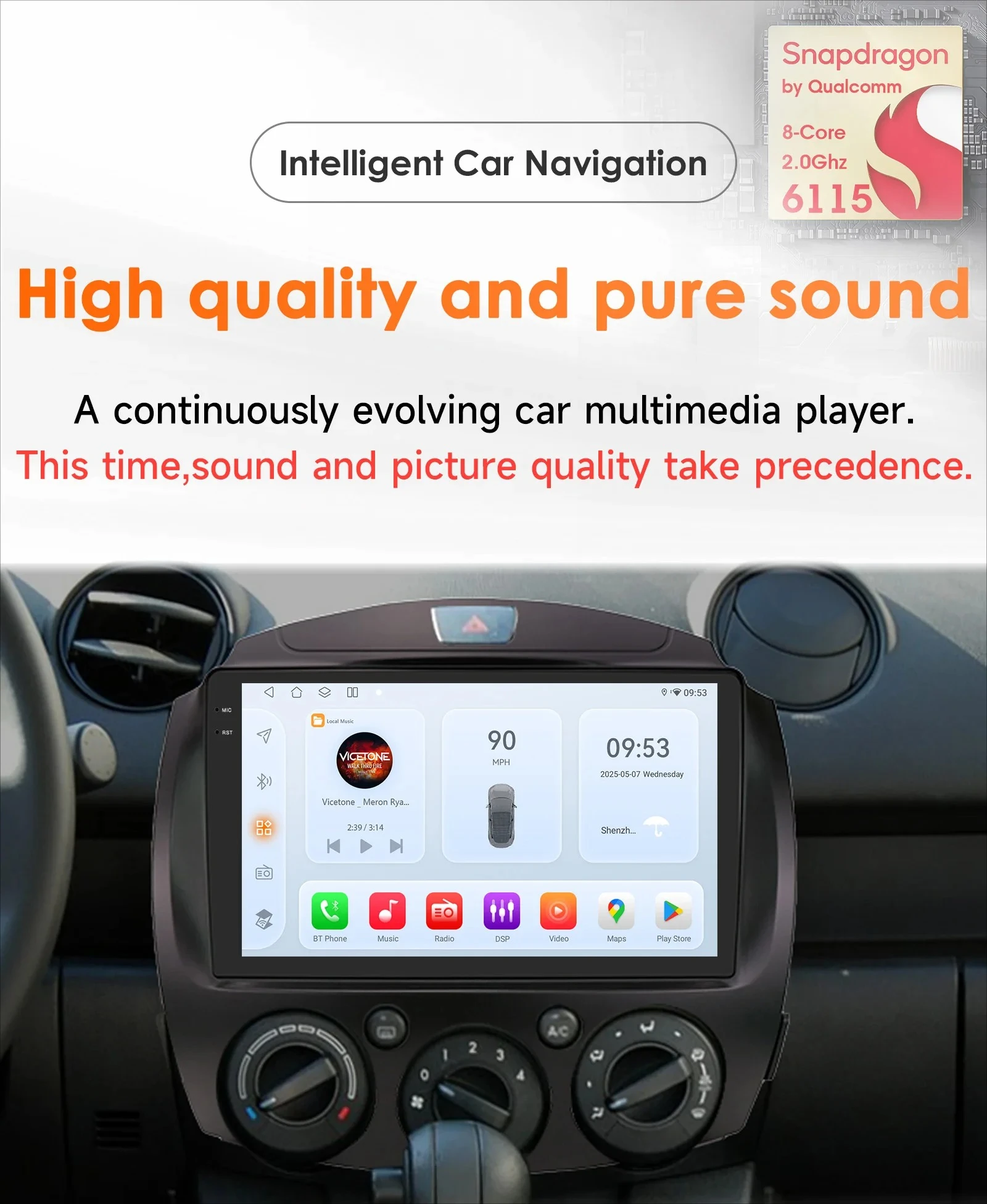 Reproductor de Radio para coche Android 2Din para MAZDA 2 Mazda 2 2007 - 2014, Multimedia para coche, GPS, Carplay inalámbrico, con pantalla táctil inteligente Qualcomm Snapdragon 6115 2
