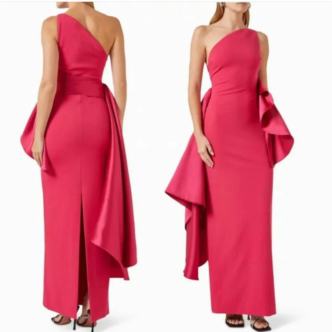 

Vintage Long Pink Crepe Evening Dresses With Slit/Ruffles Sheath One Shoulder فساتين السهرة Ankle Length Prom Dress for Women