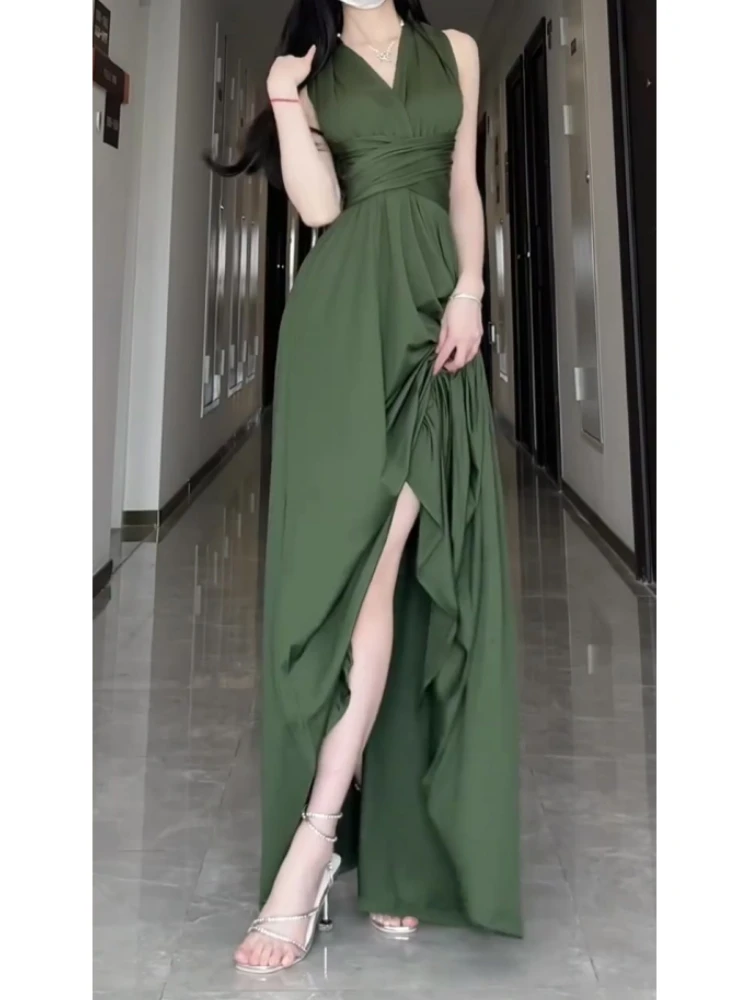 

French neck hanging dress 2024 women's summer small gift dress sexy backless waist style long skirt