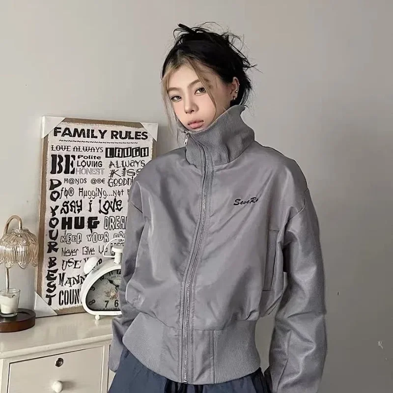 

HOUZHOU Vintage Grey Short Jacket Women Harajuku Japanese Y2k Oversized Bomber Crop Jackets Streetwear Korean Fashion Aesthetic