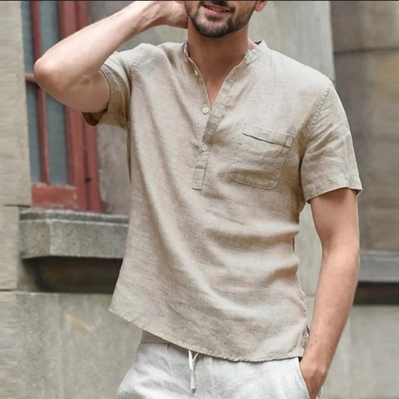 Spring Summer Men's Casual Loose Cotton T-shirt Male Fashion Solid Color Standing Collar Half Cardigan Thin Short Sleeve Shirt spring summer 2021 new polka dot chiffon shirt loose thin nine point sleeve blouse scarf collar oversized ladies top