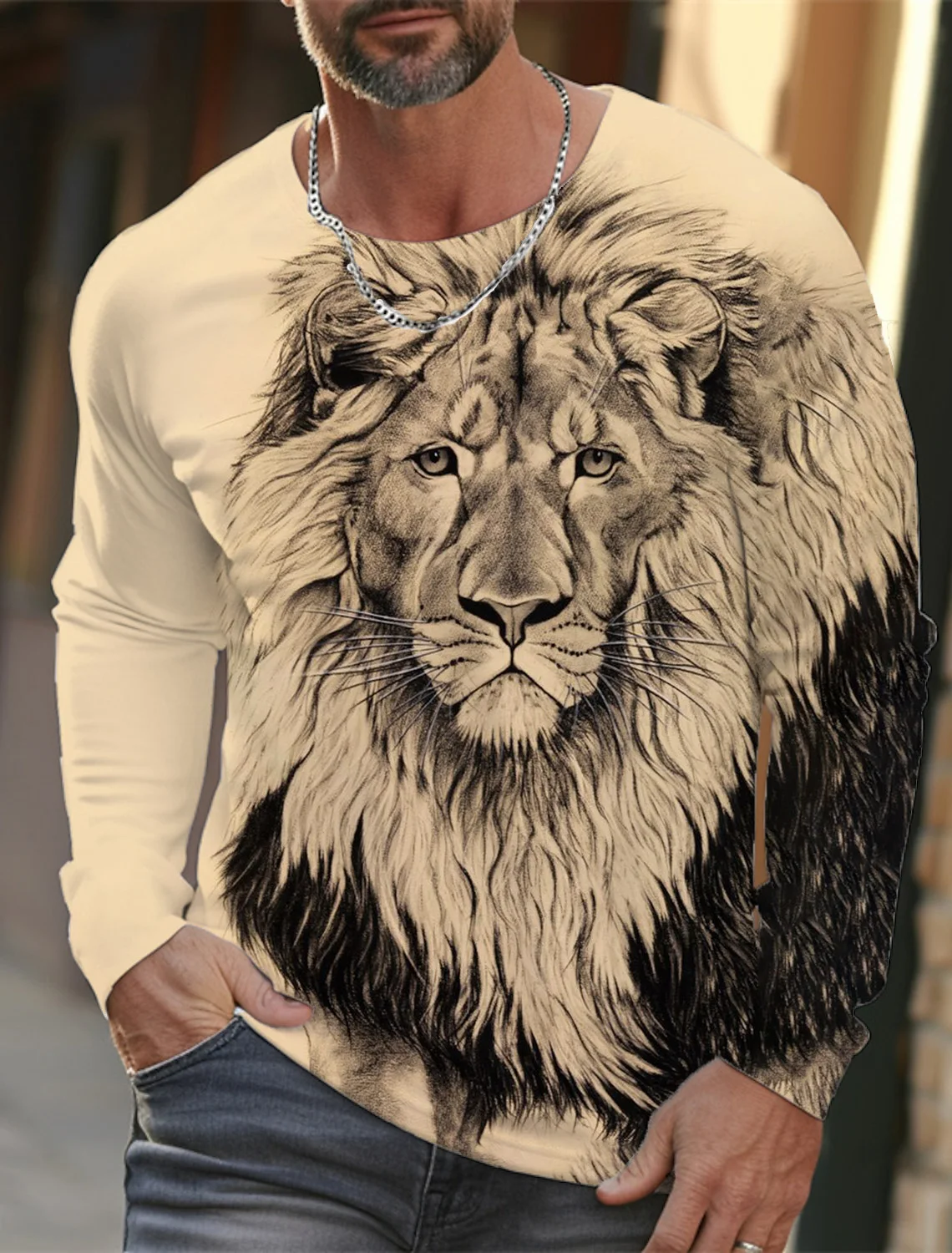 

Men's round neck hoodie with lion print pattern, brown 3D printing, outdoor daily long sleeved personality and fashion