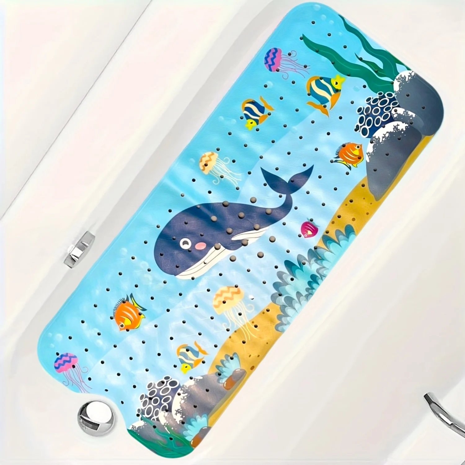 Extra Long Non-Slip Cartoon Bath Mat with Secure Suction Cups & Drain Holes