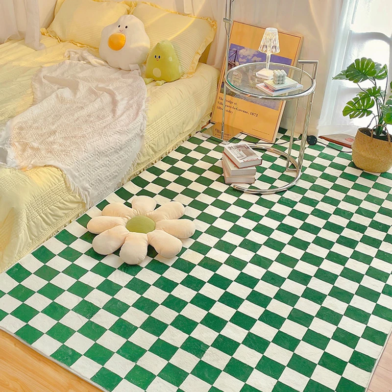

Checkerboard Carpet For Living Room Modern Coffee Table Floor Mat Nordic Green And White Grid Bedroom Girl Ins Style Bedside Rug