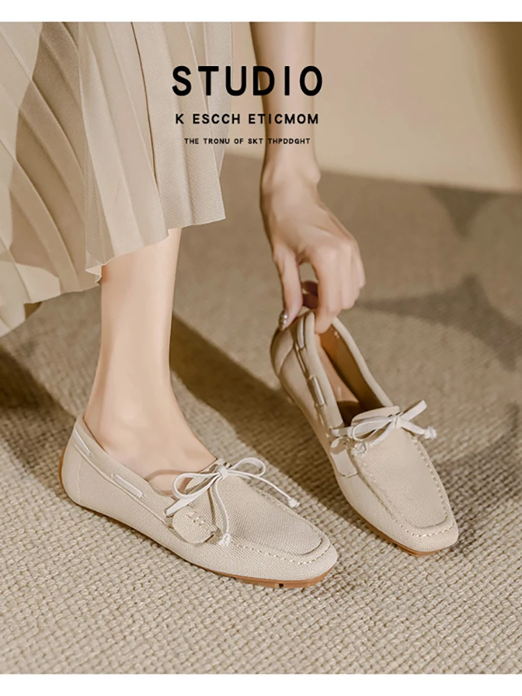 

Square Headed Women's Singles Shoes Fashionable Knitted Solid Color Plus Size Comfortable Bean Bhoes Leopard Print Lefu