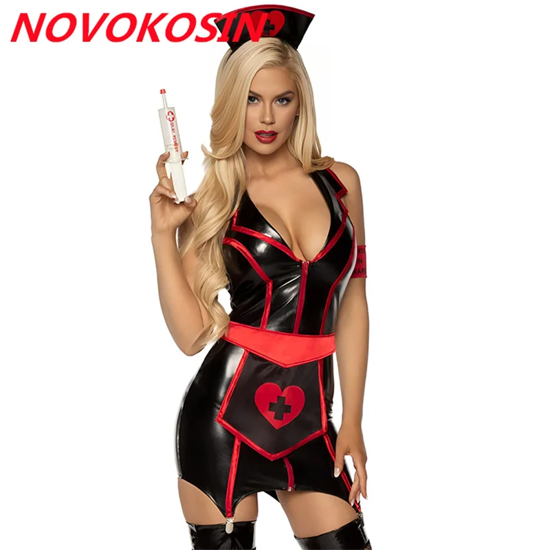 6 Pieces Women Nurse Deep V Neck Faux Leather Short Dress Apron Girl PU Sexy Lingerie Cosplay Costume Uniform