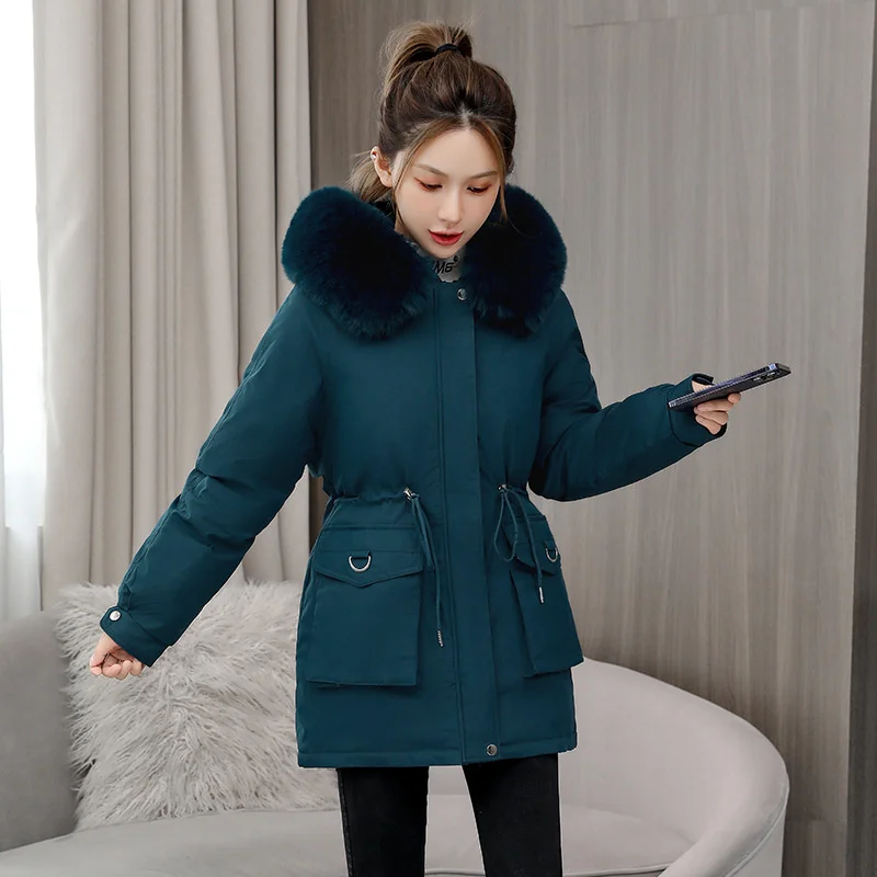 2024 Women Winter Parkas Faux Lambswool Liner Fleece Overcoat Fur Collar Hooded Coat Female Windproof Warm Cotton-padded Jackets