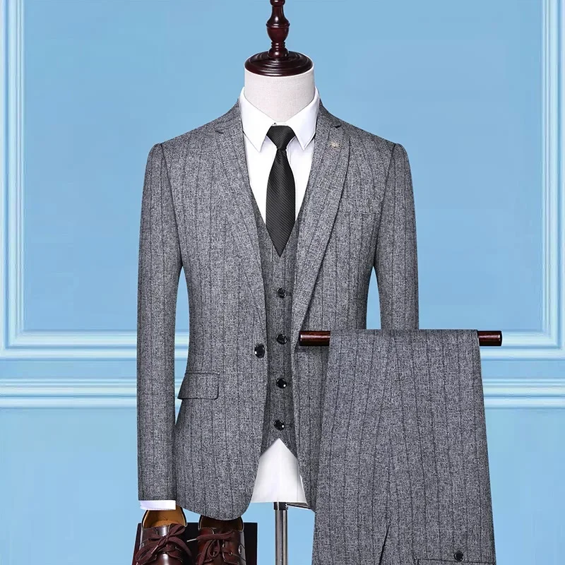 Formal Suit (suit + Vest + Trousers) Single Button Fashion Business Vertical Stripe Gentleman Suit Korean Suit Three-piece