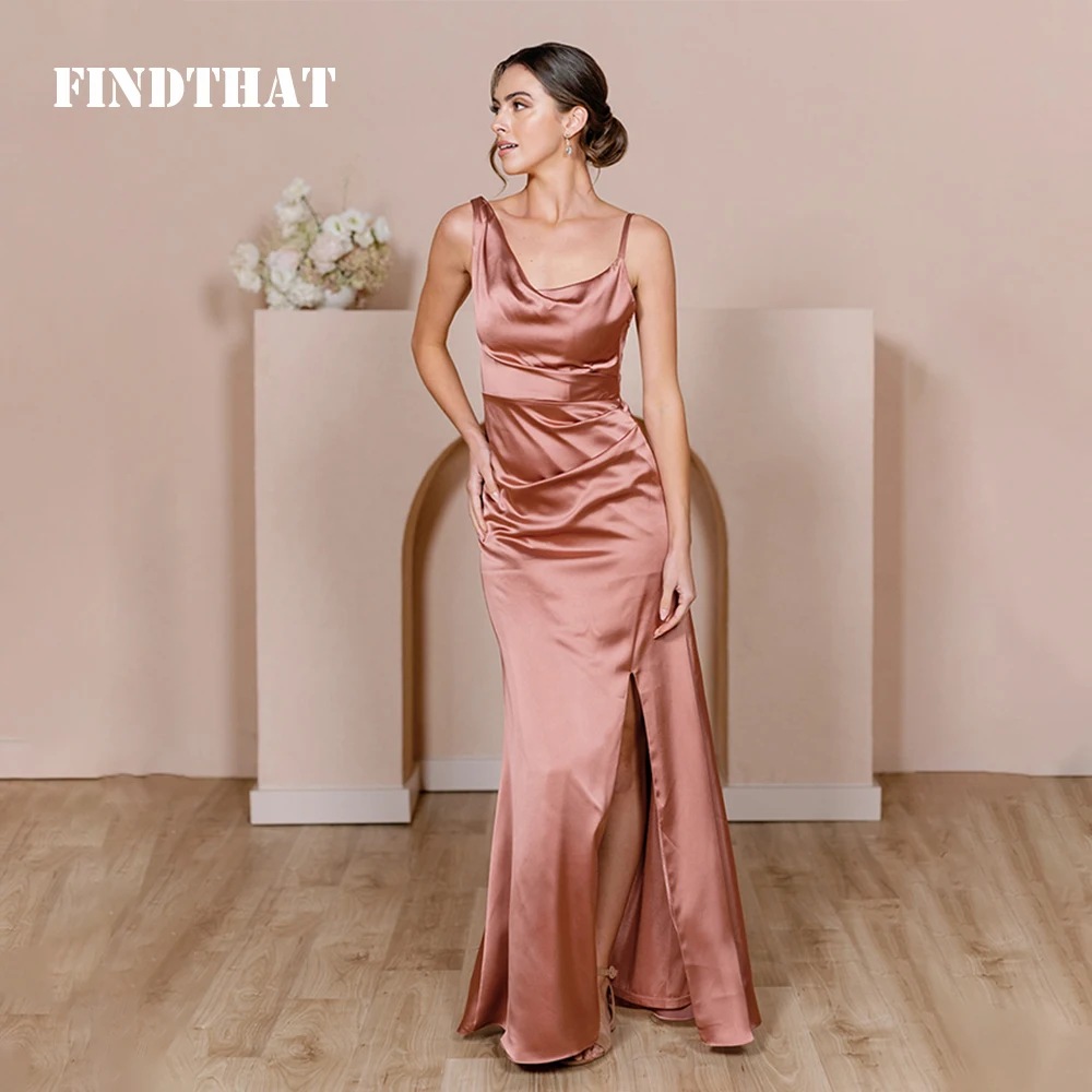 

Findthat Elegant Ruched Neck Satin Bridesmaid Dresses 2024 Mermaid Evening Party Gown with Slit Floor Length Vestidos De Fiesta