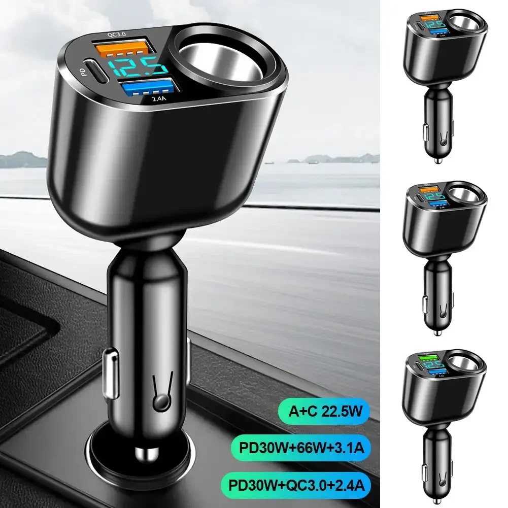 QC3.0 Fast Charging USB Port For Smartphone Dashcam Fan 90W USB Car Charger with Cigarette Lighter Expansion Port Type-C PD30W