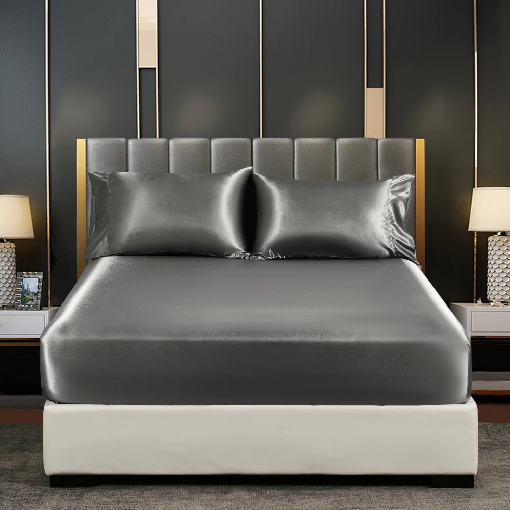 CARA CARLE Silk Satin Fitted Bed Sheet with Elastic Band Luxury Adjustable Mattress Cover for Single Couple Double Bed 2
