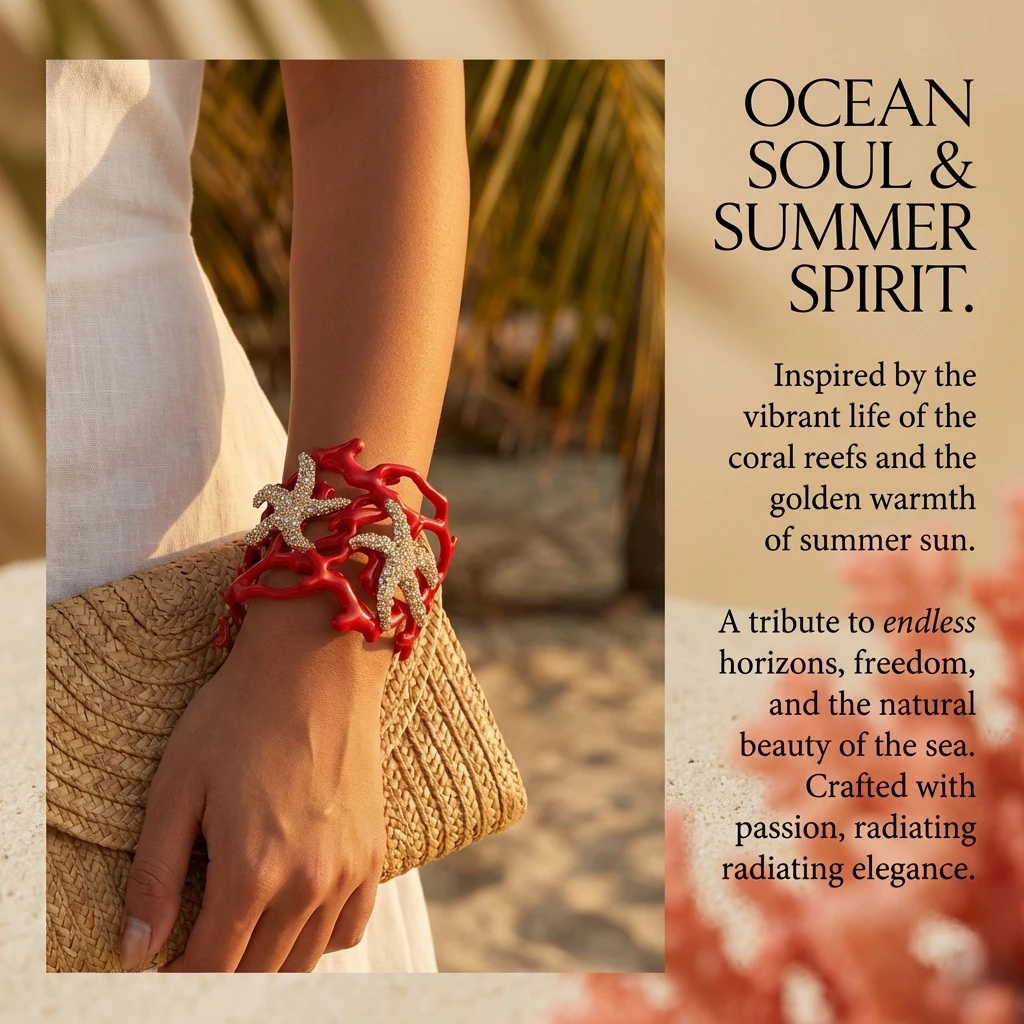 Klobiger, extravaganter Armreif mit roten Korallen und Seesternen für Damen – Strass-Verzierter Statement-Armreif im tropischen Strandurlaub- und Meerjungfrauen-Stil – Detail 1