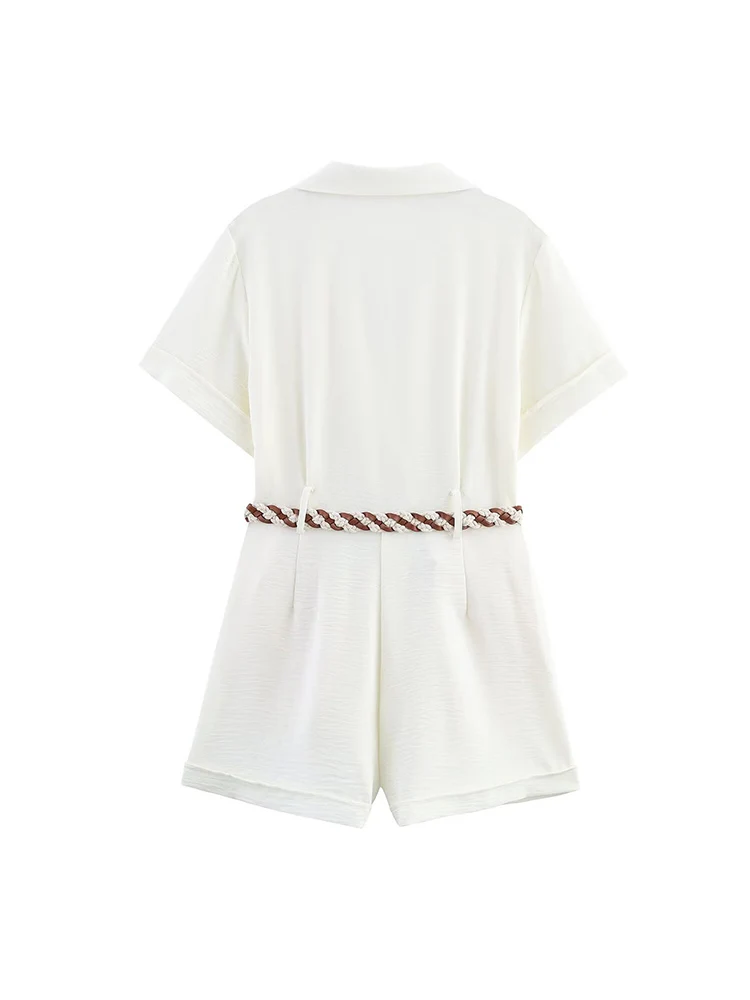 TFMLN Fashion White Playsuit For Women Double Breasted Short Sleeve Turn-down Collar Belt Playsuits 2025 Summer  Casual Wear