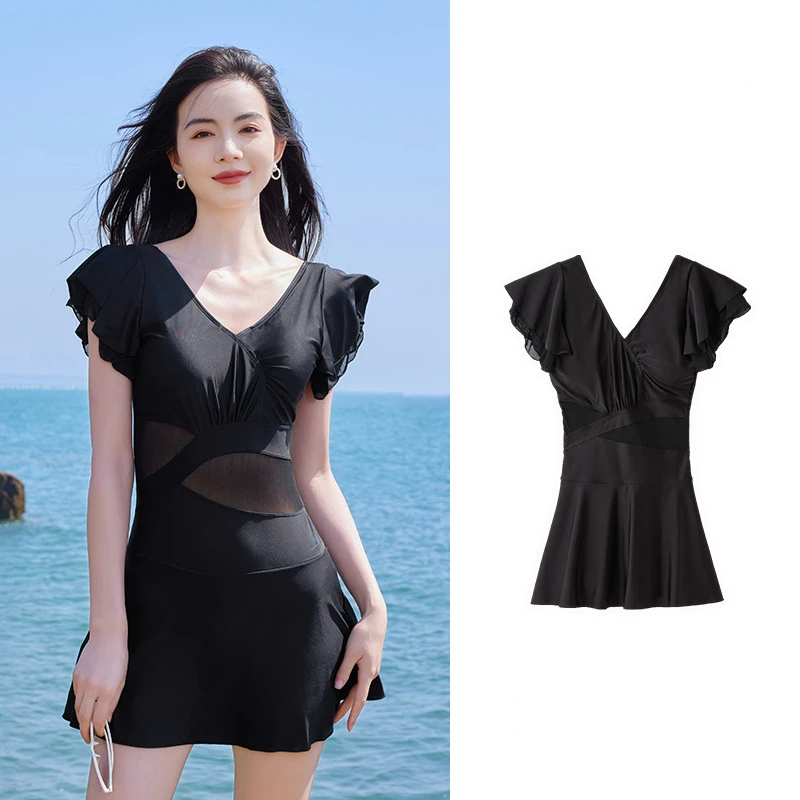 

Breif-Women's High Waisted Slimming V-neck French Ruffle Sleeve Dress, Black, Hot Spring Swimsuit, Plus Size