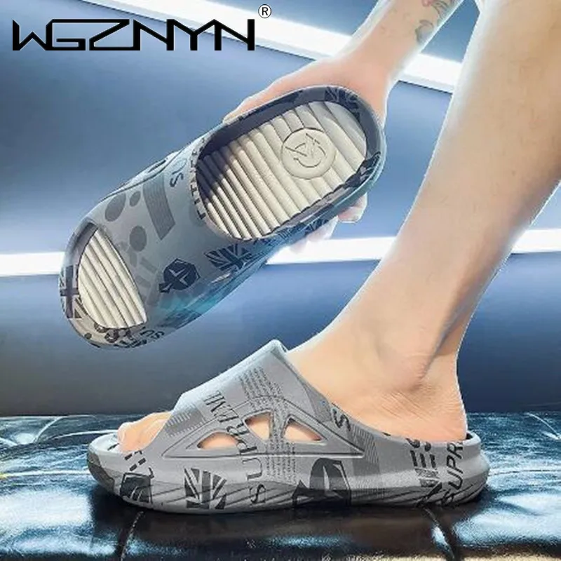 

New Summer Men Fashion Slippers Outside Male Beach Slides Shoes Soft Comfortable Mens Print Slippers Casual Massage Shoes 37-46