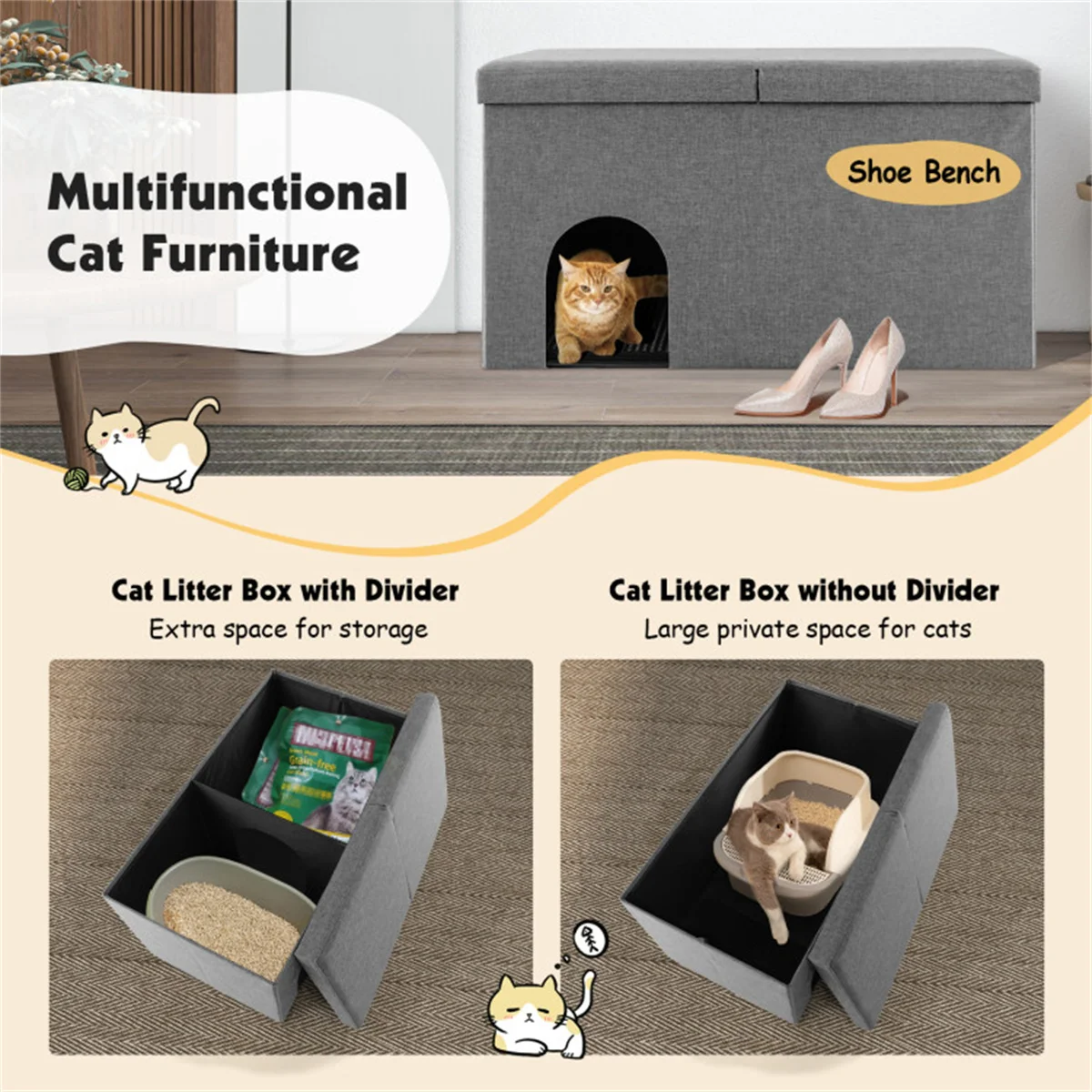 Gray Cat Litter Box Enclosure，Entrance Shoe Stool with Urine Proof Litter Mat