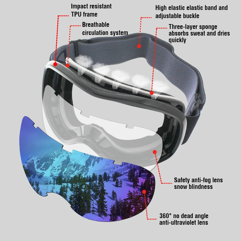 Ski Goggles Double Layers UV400 Anti-fog Big Ski Mask Glasses Skiing Snow Men Women Snowboard Goggles Skiing Sunglasses Eyewear 4