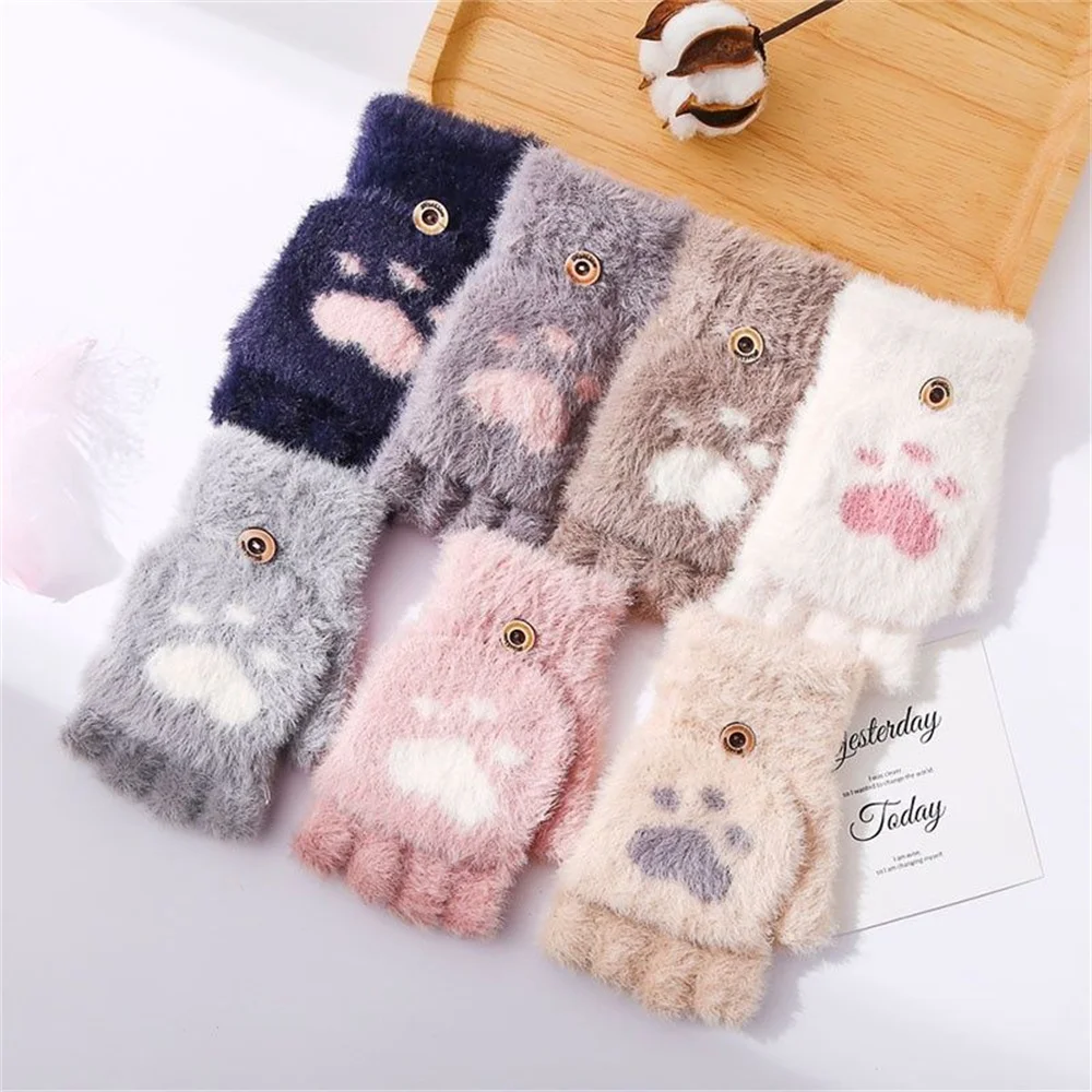 Cute Cartoon Cat Paw Gloves Girls Fingerless Flip Mittens Fleece Touch