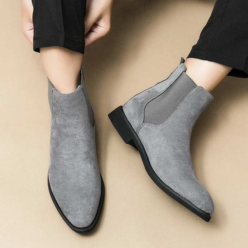 Men Chelsea Boots Flock Business Cowboy Handmade Size 38-46